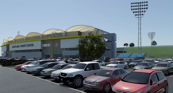 A computer-generated image showing another view of the Northland Events Centre as it will appear from Okara Drive